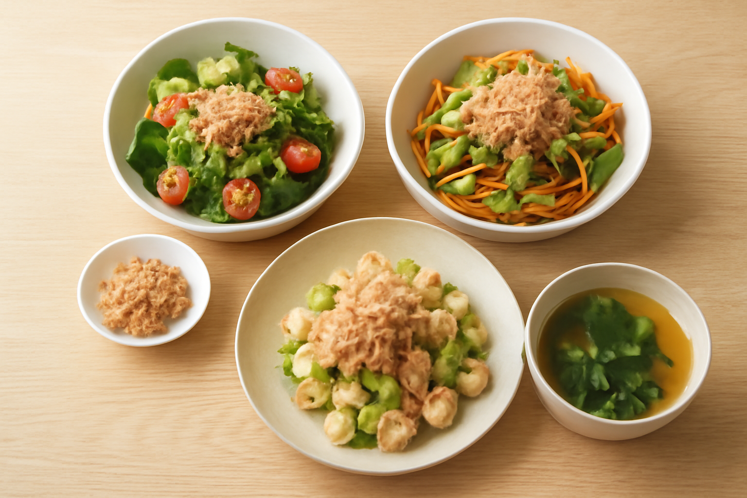 かつお節を使った彩り豊かな料理のイメージ