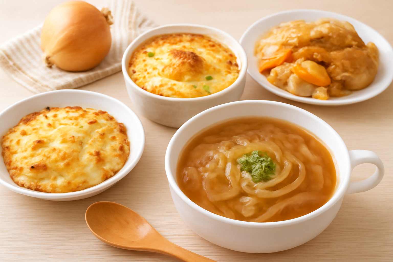 玉ねぎ スープを使った人気レシピが並ぶイメージ