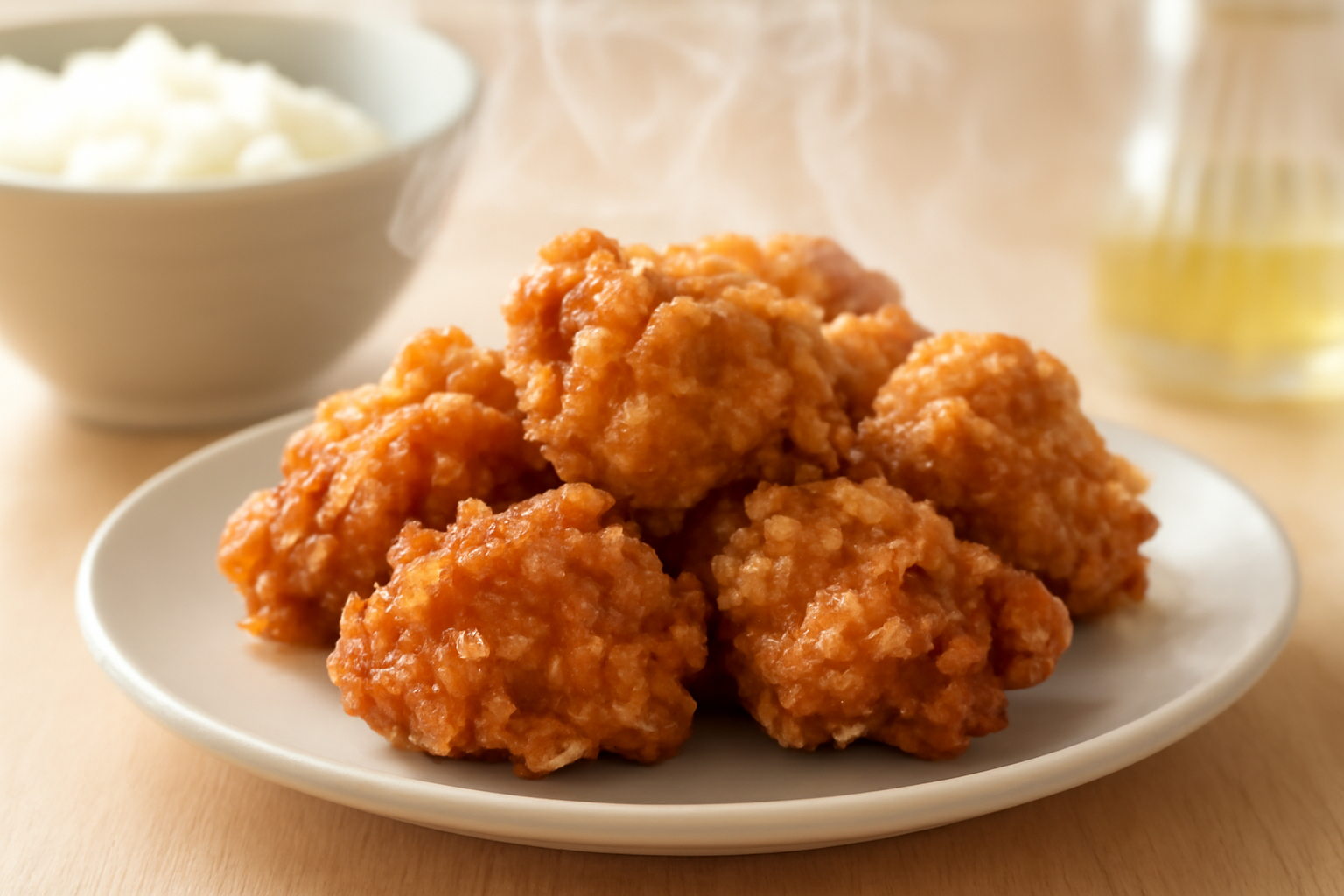 湯気の立つ揚げたてのから揚げ