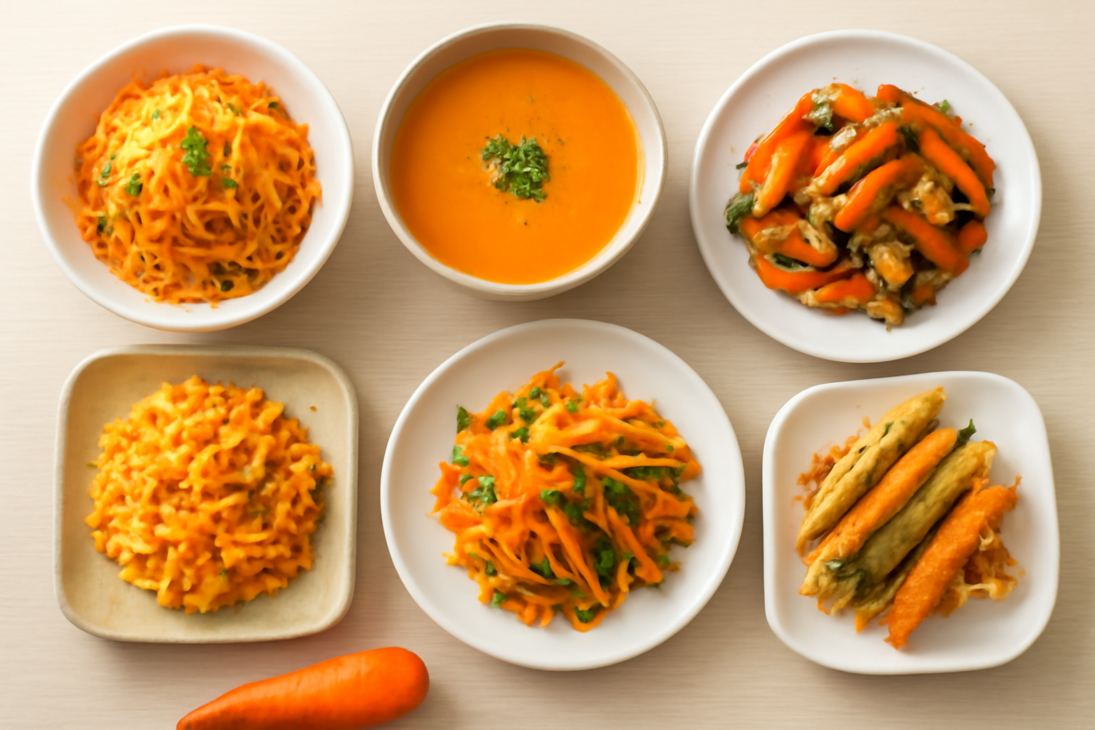 色とりどりのにんじんを使った料理が並ぶ様子