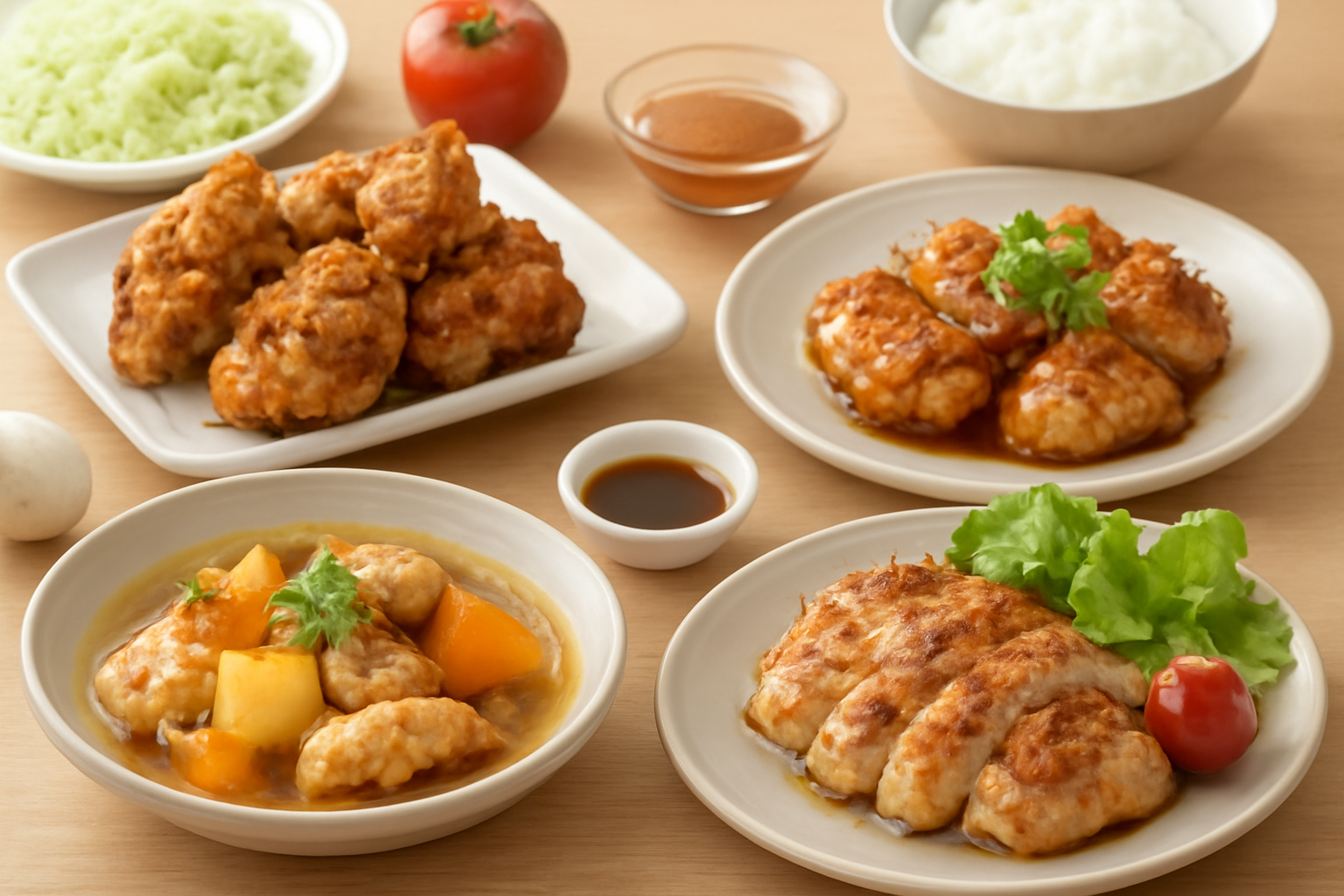 鶏もも肉を使った料理が美味しそうに並んでいる様子