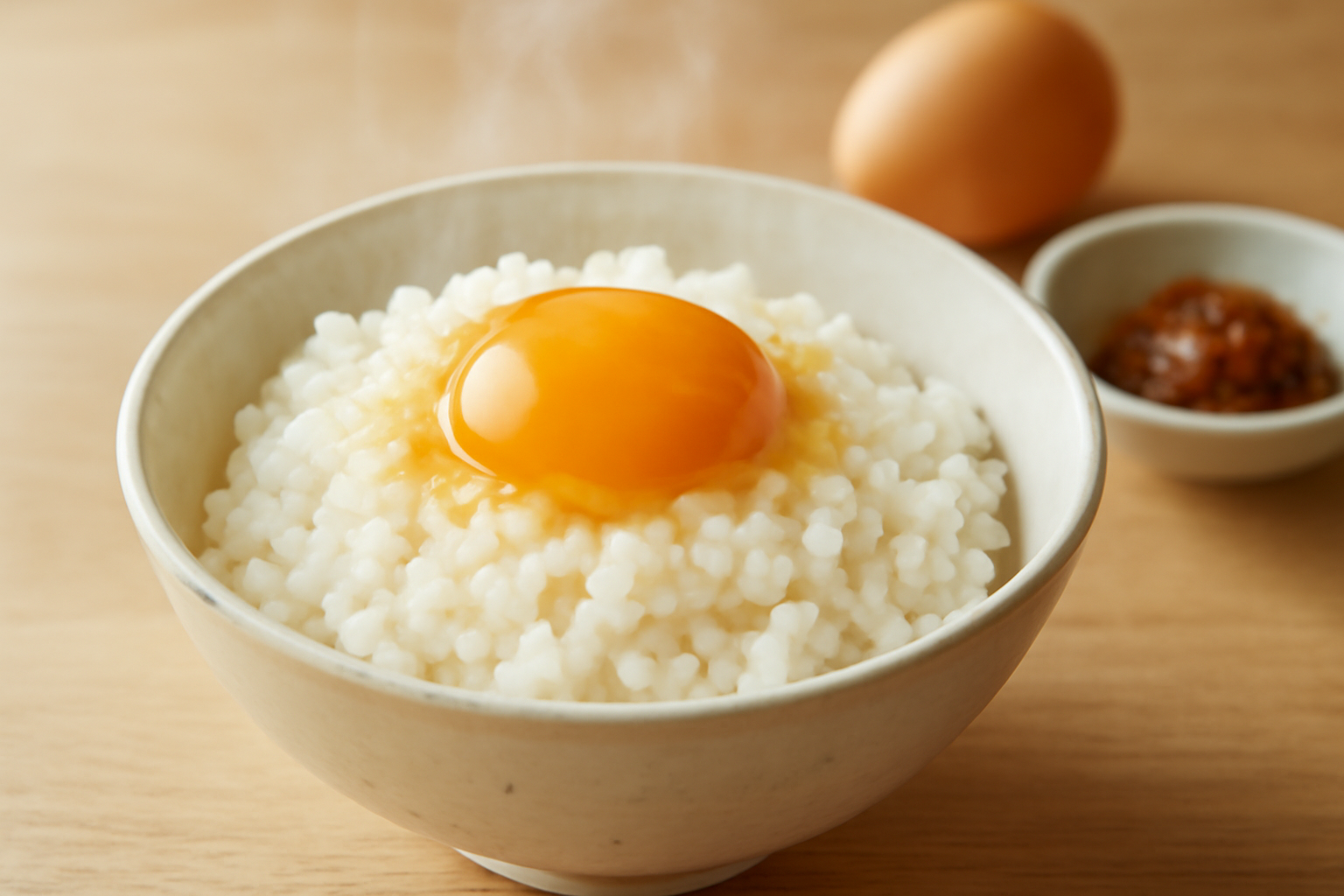 湯気と共に美味しそうな卵かけご飯