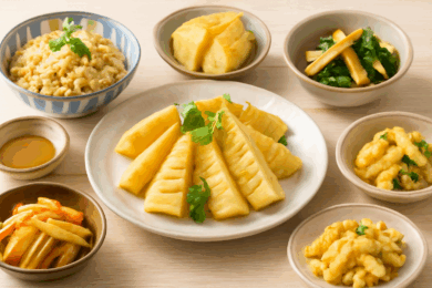 色とりどりの旬のたけのこ料理の盛り合わせ