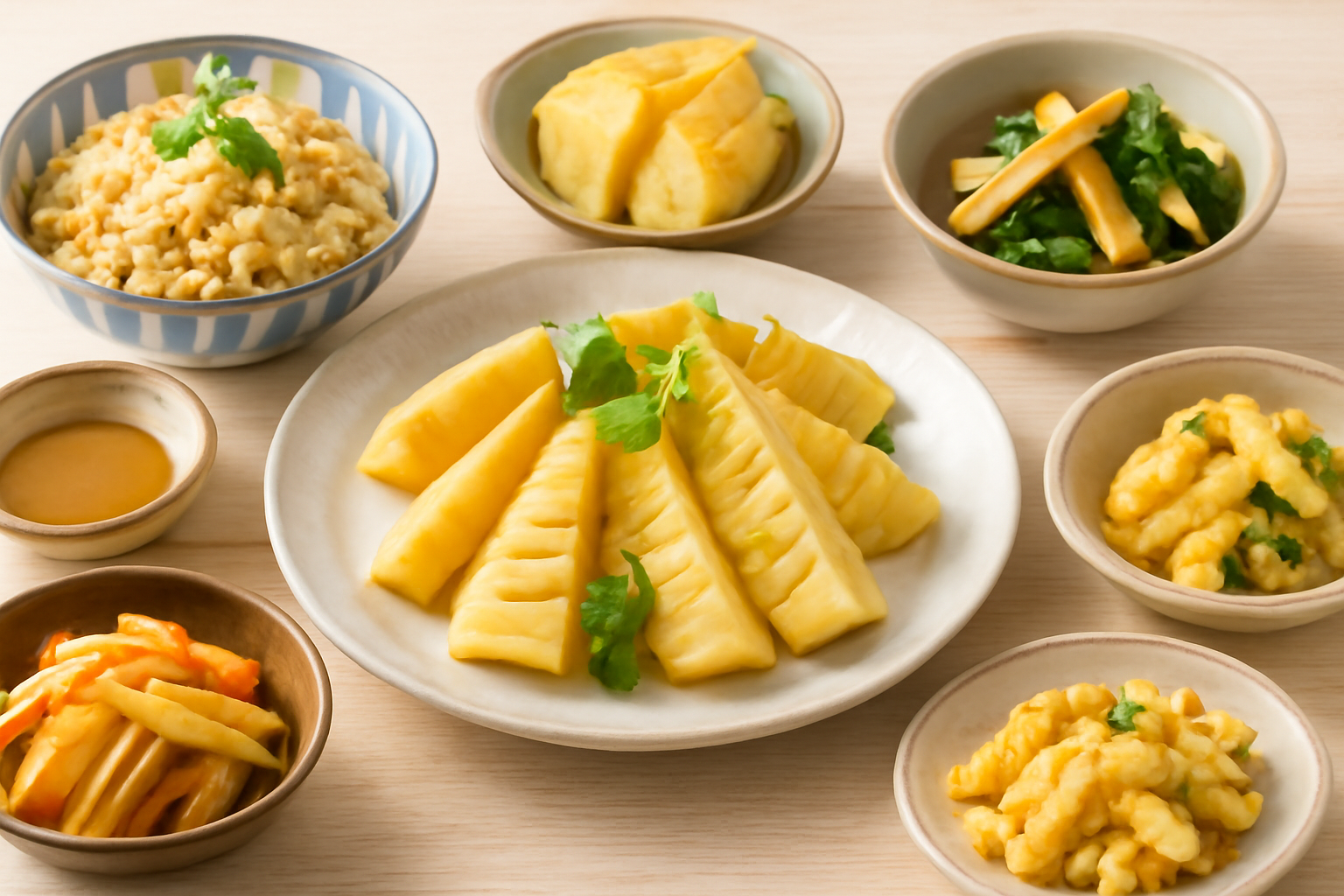 色とりどりの旬のたけのこ料理の盛り合わせ