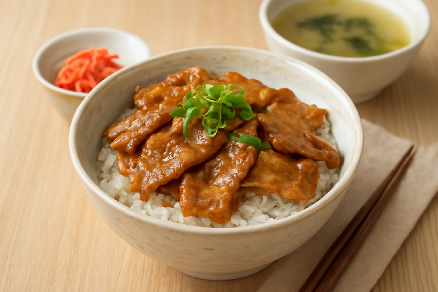 美味しそうな豚肉丼の画像