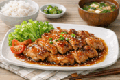 ツヤツヤで美味しそうな鶏肉の照り焼きの盛り付けイメージ画像