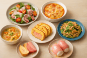 ハムを使った色とりどりの料理のイメージ