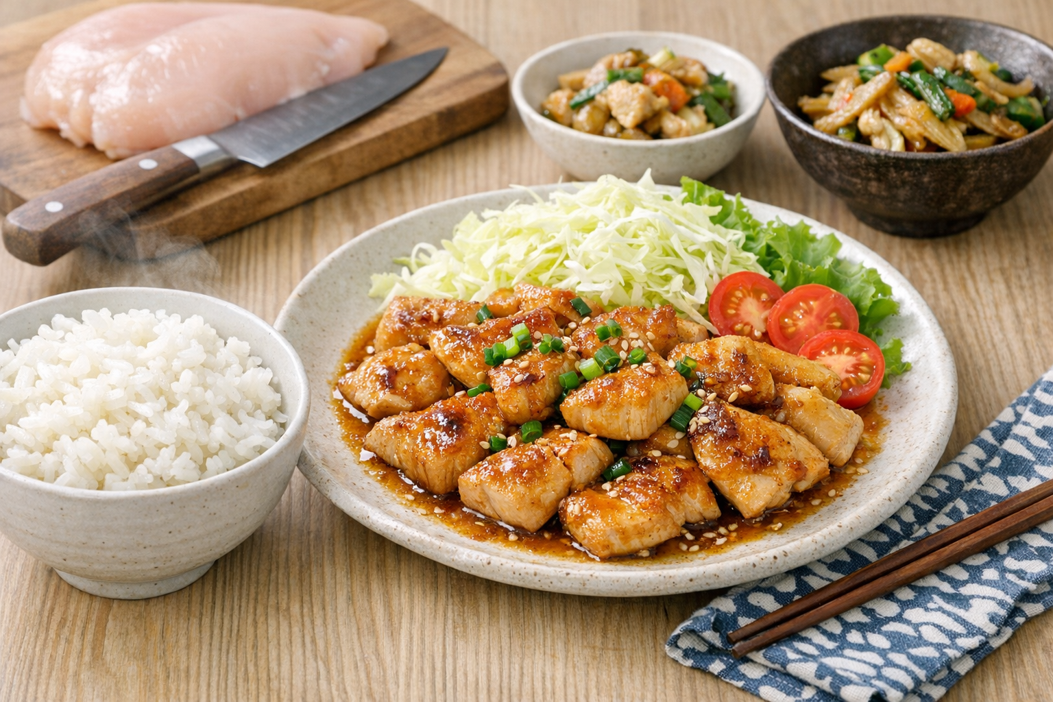 美味しそうな鶏胸肉を使ったおかずと白いご飯のイメージ