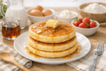 美味しそうに焼き上がったふっくらとしたホットケーキの画像