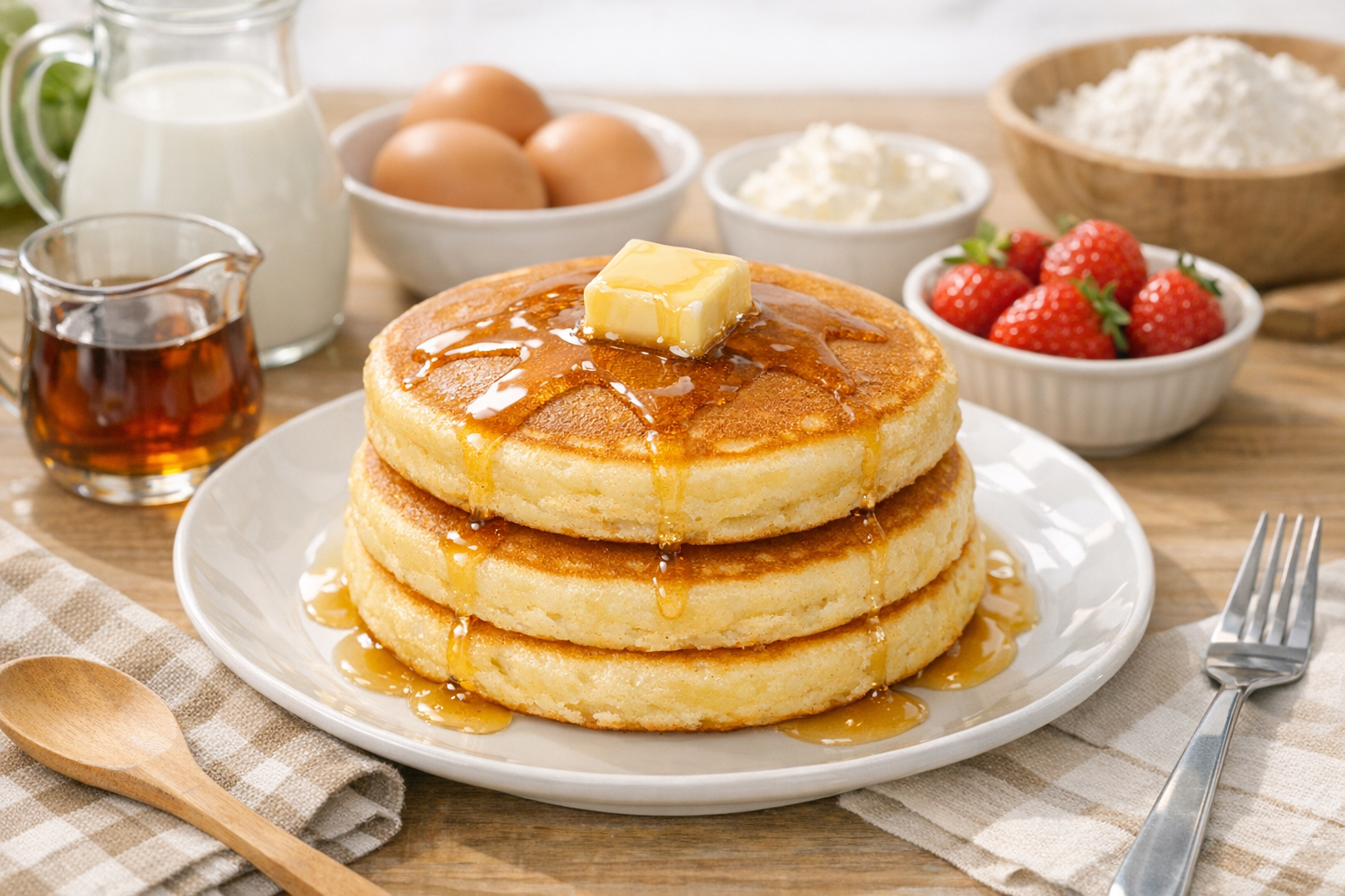 美味しそうに焼き上がったふっくらとしたホットケーキの画像
