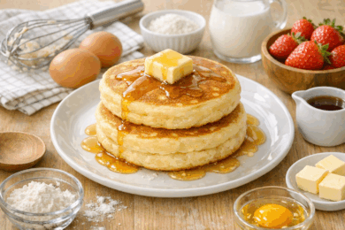 ふんわりと焼き上がった美味しそうな卵ホットケーキのイメージ画像