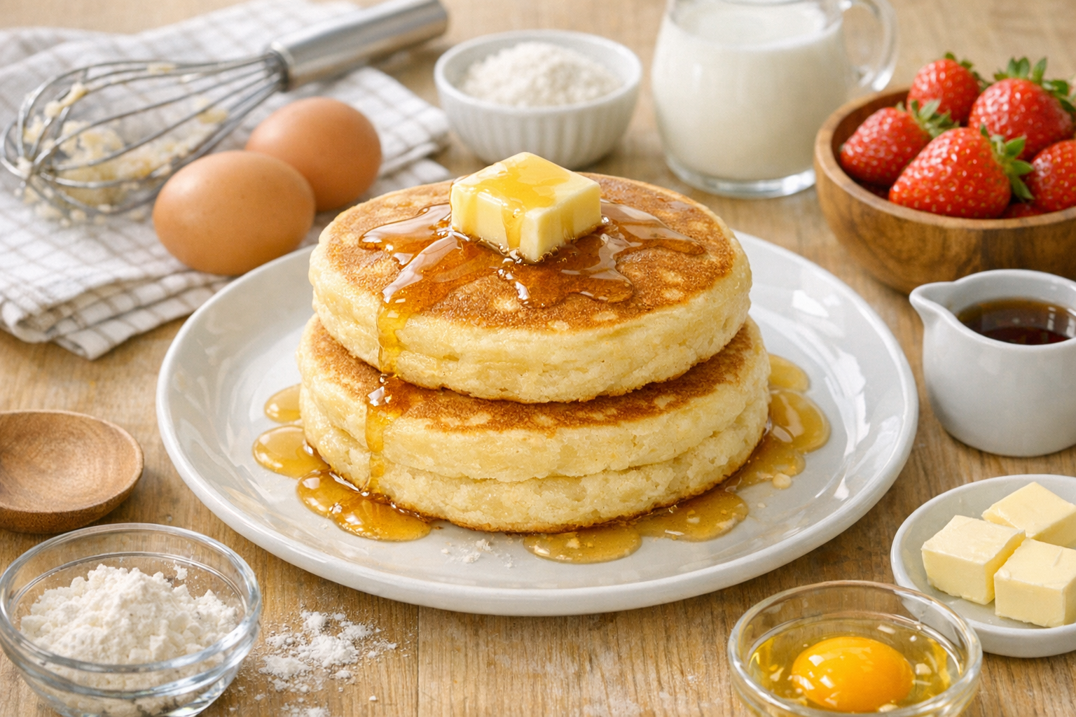 ふんわりと焼き上がった美味しそうな卵ホットケーキのイメージ画像