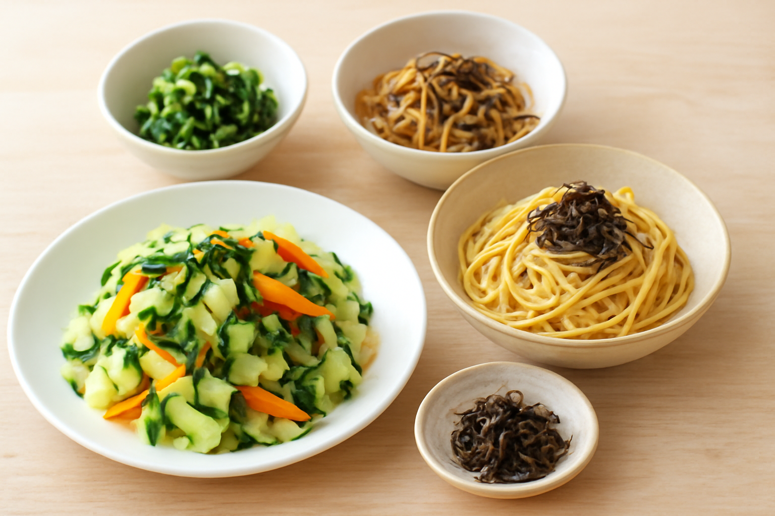 美味しそうな塩昆布を使った野菜和えやパスタなどの料理のイメージ