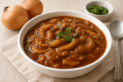 食欲をそそる熱々の玉ねぎカレーの完成イメージ