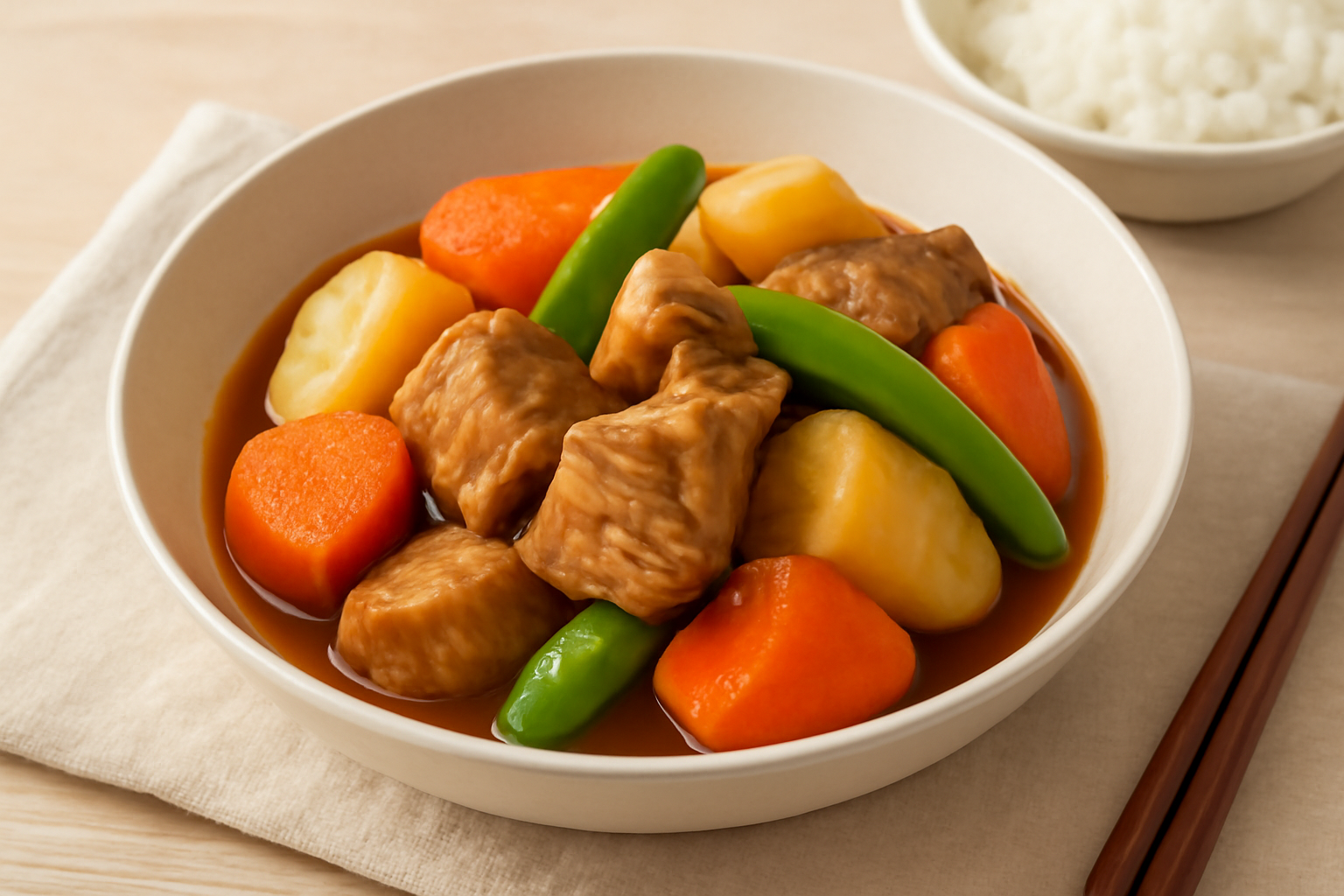 豚肉と野菜を使った美味しそうな煮物の盛り付けイメージ