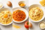 卵とパスタを使った美味しそうなカルボナーラやナポリタンなどの料理画像