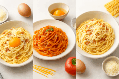 卵とパスタを使った美味しそうなカルボナーラやナポリタンなどの料理画像