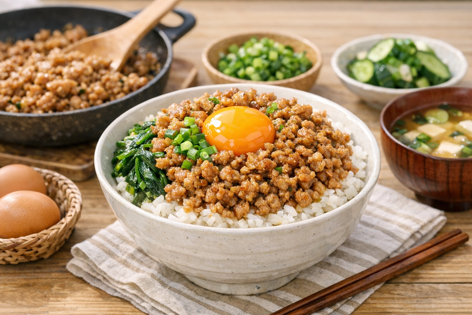 美味しそうなひき肉丼がたっぷりと盛り付けられた丼の画像