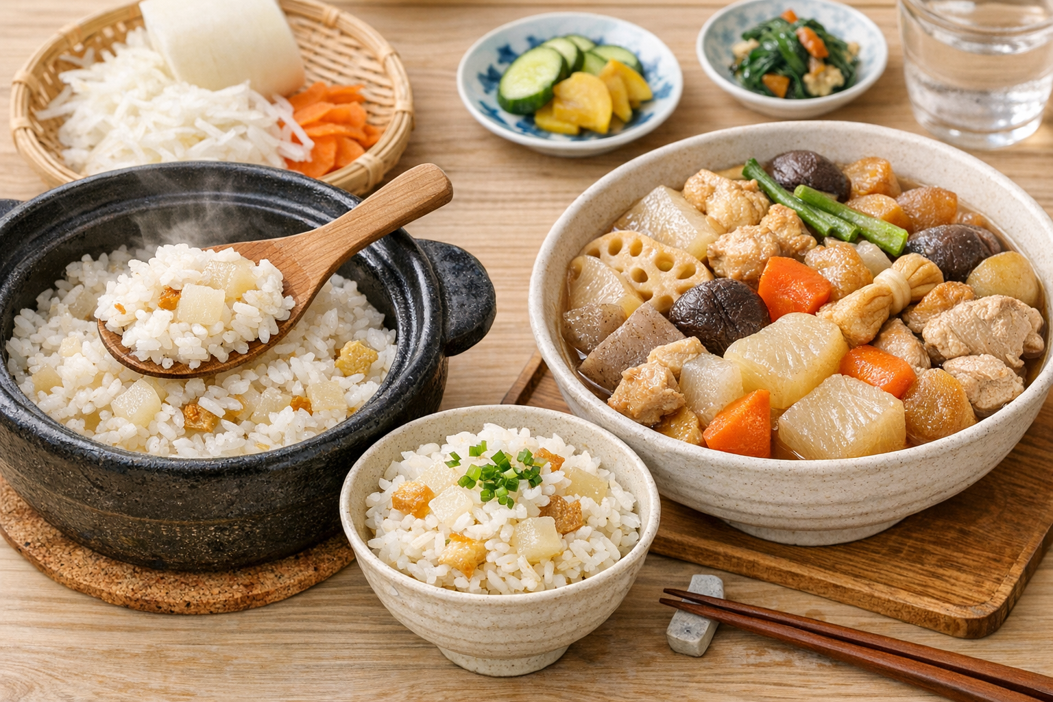 炊きたての大根ご飯と煮物のイメージ画像